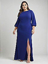 Alt View 1 Thumbnail - Cobalt Blue & Evergreen Bishop Sleeve Open-Back Trumpet Gown with Scarf Tie