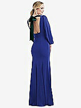 Front View Thumbnail - Cobalt Blue & Evergreen Bishop Sleeve Open-Back Trumpet Gown with Scarf Tie