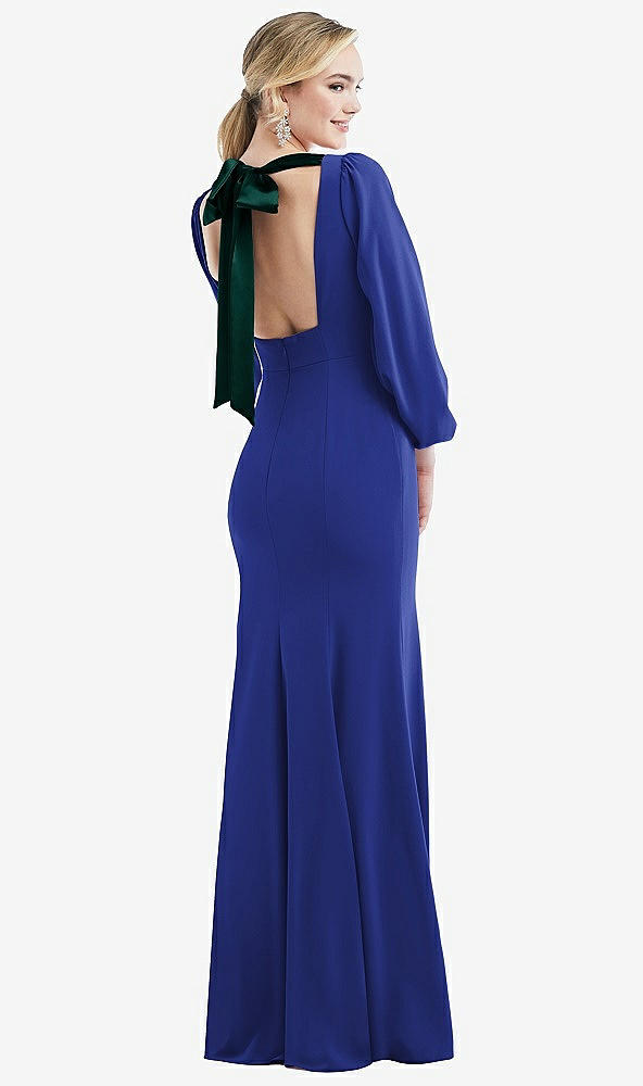 Front View - Cobalt Blue & Evergreen Bishop Sleeve Open-Back Trumpet Gown with Scarf Tie
