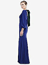 Side View Thumbnail - Cobalt Blue & Evergreen Bishop Sleeve Open-Back Trumpet Gown with Scarf Tie