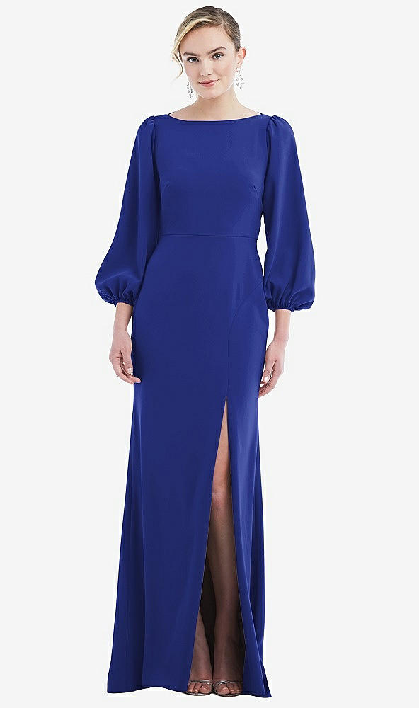 Back View - Cobalt Blue & Evergreen Bishop Sleeve Open-Back Trumpet Gown with Scarf Tie