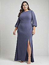 Alt View 1 Thumbnail - French Blue & Evergreen Bishop Sleeve Open-Back Trumpet Gown with Scarf Tie