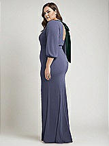 Alt View 2 Thumbnail - French Blue & Evergreen Bishop Sleeve Open-Back Trumpet Gown with Scarf Tie