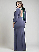 Alt View 3 Thumbnail - French Blue & Evergreen Bishop Sleeve Open-Back Trumpet Gown with Scarf Tie
