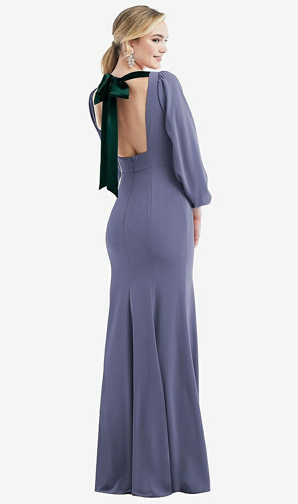 Front View - French Blue & Evergreen Bishop Sleeve Open-Back Trumpet Gown with Scarf Tie