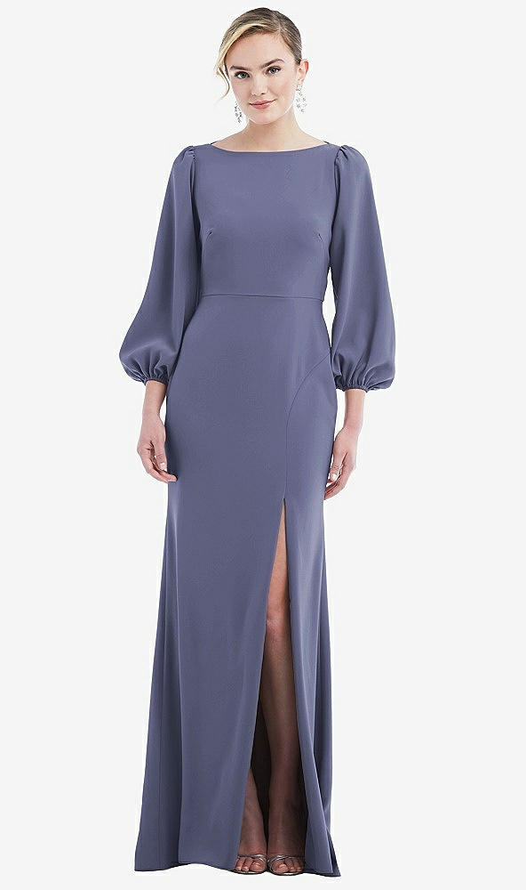 Back View - French Blue & Evergreen Bishop Sleeve Open-Back Trumpet Gown with Scarf Tie