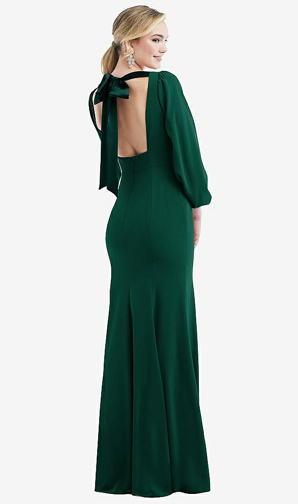 Front View - Hunter Green & Evergreen Bishop Sleeve Open-Back Trumpet Gown with Scarf Tie
