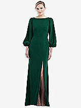 Rear View Thumbnail - Hunter Green & Evergreen Bishop Sleeve Open-Back Trumpet Gown with Scarf Tie