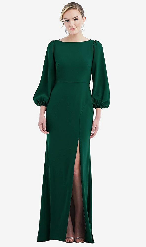 Back View - Hunter Green & Evergreen Bishop Sleeve Open-Back Trumpet Gown with Scarf Tie