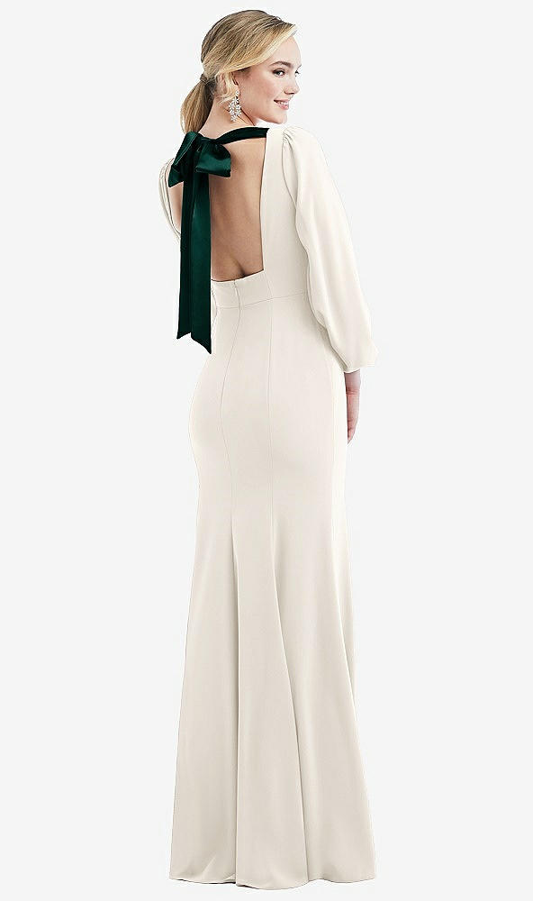 Front View - Ivory & Evergreen Bishop Sleeve Open-Back Trumpet Gown with Scarf Tie