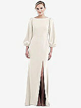 Rear View Thumbnail - Ivory & Evergreen Bishop Sleeve Open-Back Trumpet Gown with Scarf Tie