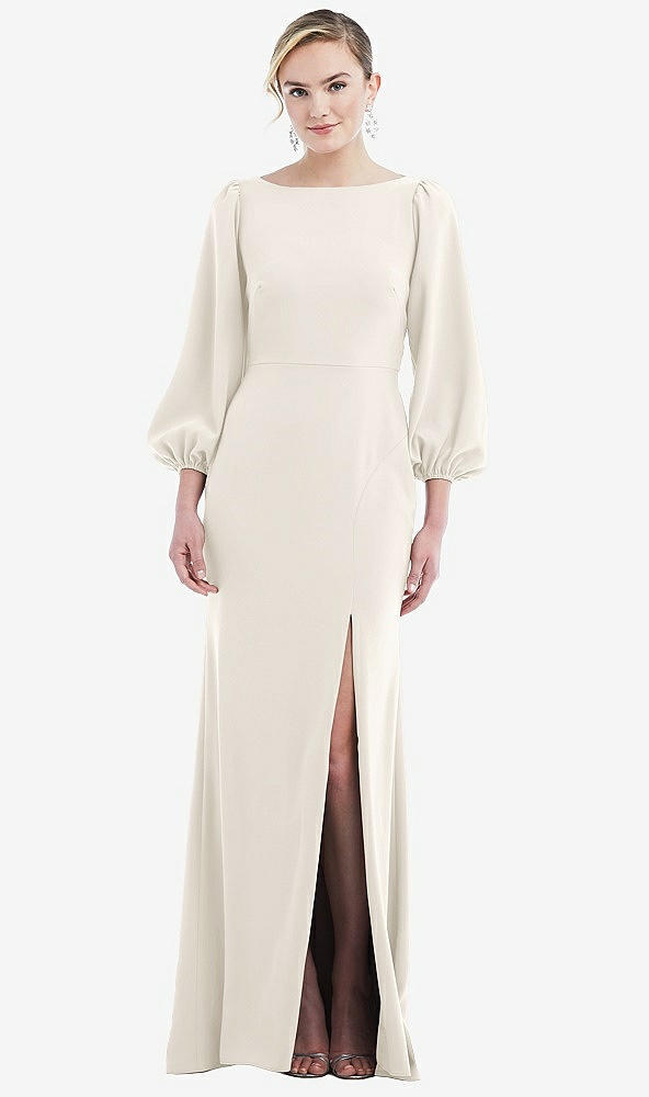 Back View - Ivory & Evergreen Bishop Sleeve Open-Back Trumpet Gown with Scarf Tie