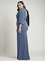 Alt View 2 Thumbnail - Larkspur Blue & Evergreen Bishop Sleeve Open-Back Trumpet Gown with Scarf Tie