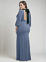 Alt View 3 Thumbnail - Larkspur Blue & Evergreen Bishop Sleeve Open-Back Trumpet Gown with Scarf Tie