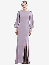 Rear View Thumbnail - Lilac Haze & Evergreen Bishop Sleeve Open-Back Trumpet Gown with Scarf Tie