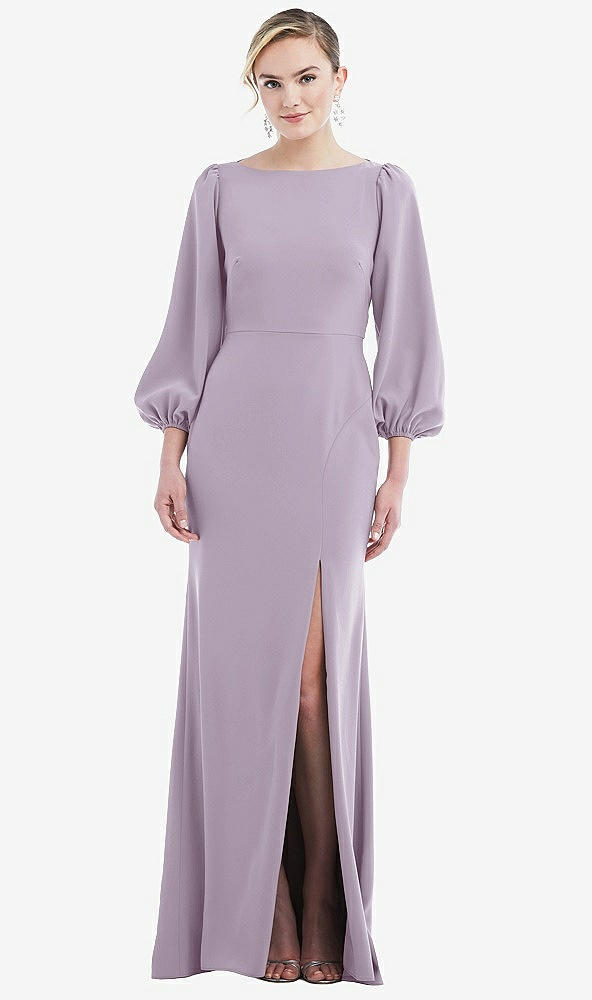 Back View - Lilac Haze & Evergreen Bishop Sleeve Open-Back Trumpet Gown with Scarf Tie