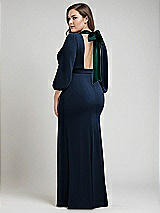 Alt View 3 Thumbnail - Midnight Navy & Evergreen Bishop Sleeve Open-Back Trumpet Gown with Scarf Tie