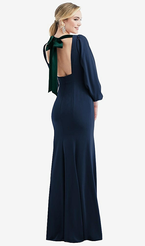 Front View - Midnight Navy & Evergreen Bishop Sleeve Open-Back Trumpet Gown with Scarf Tie
