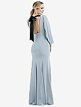 Front View Thumbnail - Mist & Evergreen Bishop Sleeve Open-Back Trumpet Gown with Scarf Tie