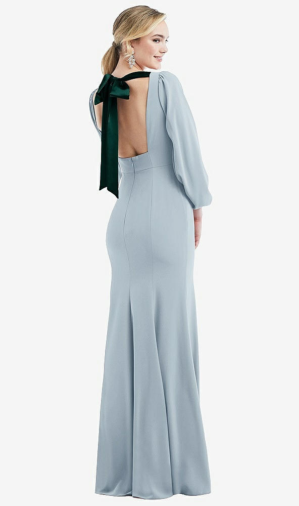 Front View - Mist & Evergreen Bishop Sleeve Open-Back Trumpet Gown with Scarf Tie