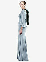 Side View Thumbnail - Mist & Evergreen Bishop Sleeve Open-Back Trumpet Gown with Scarf Tie