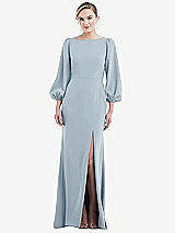 Rear View Thumbnail - Mist & Evergreen Bishop Sleeve Open-Back Trumpet Gown with Scarf Tie