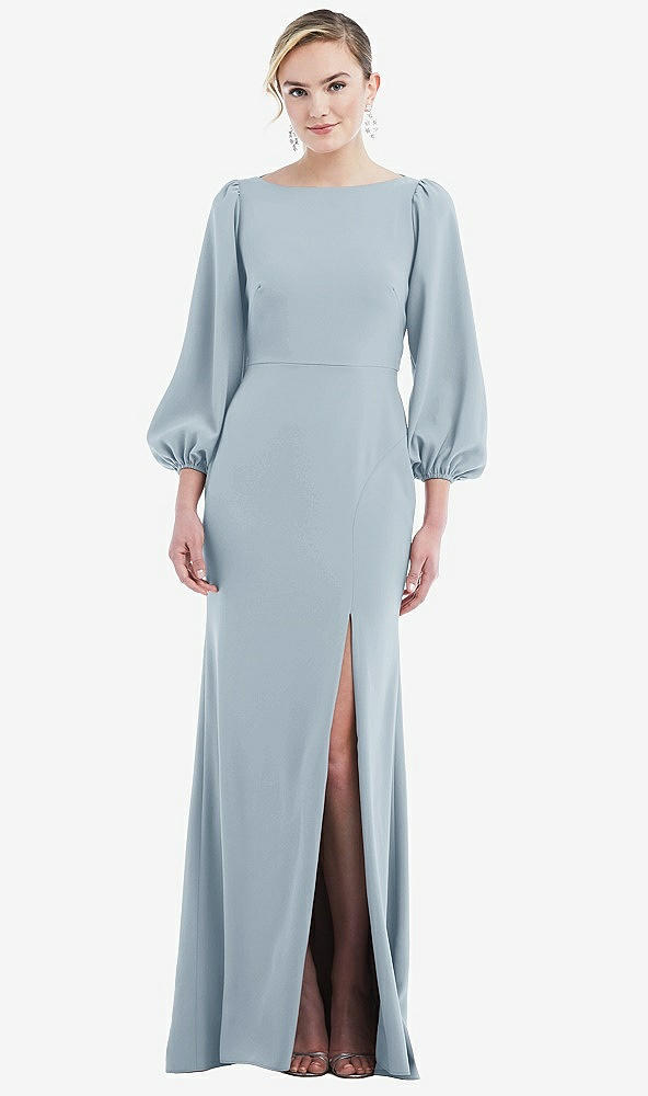 Back View - Mist & Evergreen Bishop Sleeve Open-Back Trumpet Gown with Scarf Tie