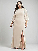 Alt View 1 Thumbnail - Oat & Evergreen Bishop Sleeve Open-Back Trumpet Gown with Scarf Tie