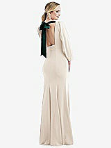 Front View Thumbnail - Oat & Evergreen Bishop Sleeve Open-Back Trumpet Gown with Scarf Tie
