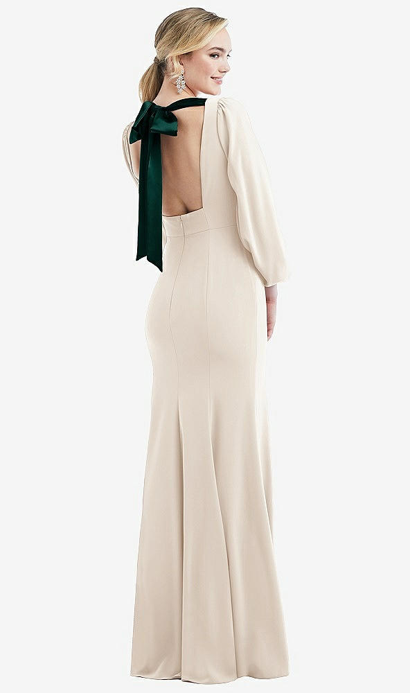 Front View - Oat & Evergreen Bishop Sleeve Open-Back Trumpet Gown with Scarf Tie
