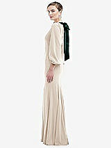 Side View Thumbnail - Oat & Evergreen Bishop Sleeve Open-Back Trumpet Gown with Scarf Tie