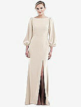Rear View Thumbnail - Oat & Evergreen Bishop Sleeve Open-Back Trumpet Gown with Scarf Tie
