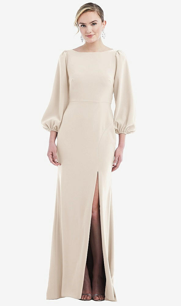 Back View - Oat & Evergreen Bishop Sleeve Open-Back Trumpet Gown with Scarf Tie