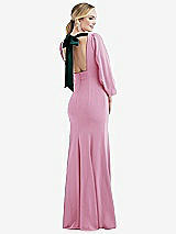 Front View Thumbnail - Powder Pink & Evergreen Bishop Sleeve Open-Back Trumpet Gown with Scarf Tie