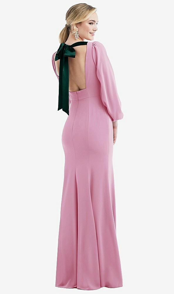 Front View - Powder Pink & Evergreen Bishop Sleeve Open-Back Trumpet Gown with Scarf Tie