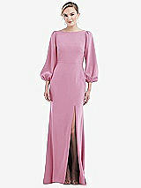 Rear View Thumbnail - Powder Pink & Evergreen Bishop Sleeve Open-Back Trumpet Gown with Scarf Tie