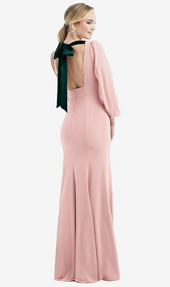 Front View - Rose & Evergreen Bishop Sleeve Open-Back Trumpet Gown with Scarf Tie