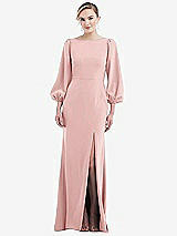 Rear View Thumbnail - Rose & Evergreen Bishop Sleeve Open-Back Trumpet Gown with Scarf Tie