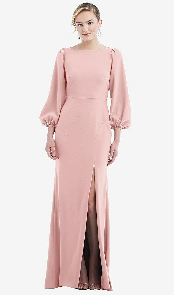 Back View - Rose & Evergreen Bishop Sleeve Open-Back Trumpet Gown with Scarf Tie