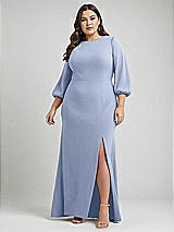 Alt View 1 Thumbnail - Sky Blue & Evergreen Bishop Sleeve Open-Back Trumpet Gown with Scarf Tie