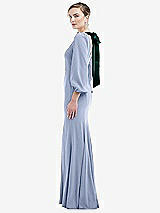Side View Thumbnail - Sky Blue & Evergreen Bishop Sleeve Open-Back Trumpet Gown with Scarf Tie
