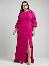 Alt View 1 Thumbnail - Think Pink & Evergreen Bishop Sleeve Open-Back Trumpet Gown with Scarf Tie
