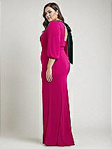 Alt View 2 Thumbnail - Think Pink & Evergreen Bishop Sleeve Open-Back Trumpet Gown with Scarf Tie