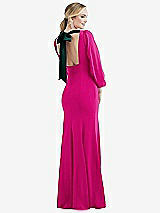 Front View Thumbnail - Think Pink & Evergreen Bishop Sleeve Open-Back Trumpet Gown with Scarf Tie