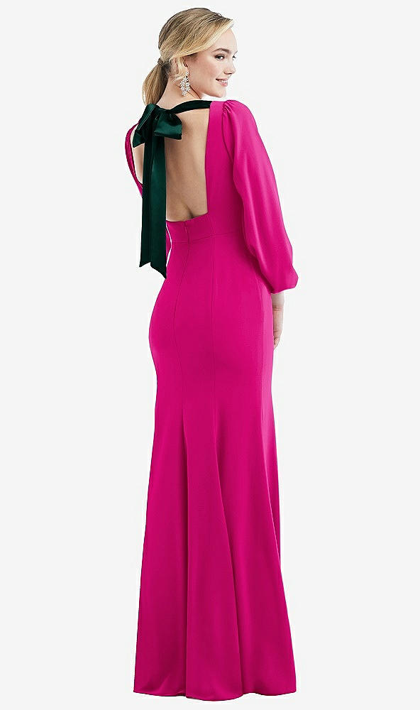 Front View - Think Pink & Evergreen Bishop Sleeve Open-Back Trumpet Gown with Scarf Tie