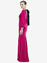 Side View Thumbnail - Think Pink & Evergreen Bishop Sleeve Open-Back Trumpet Gown with Scarf Tie