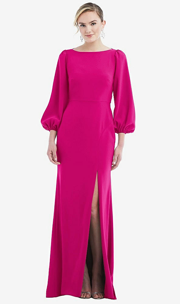 Back View - Think Pink & Evergreen Bishop Sleeve Open-Back Trumpet Gown with Scarf Tie