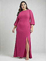 Alt View 1 Thumbnail - Tea Rose & Evergreen Bishop Sleeve Open-Back Trumpet Gown with Scarf Tie