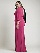 Alt View 2 Thumbnail - Tea Rose & Evergreen Bishop Sleeve Open-Back Trumpet Gown with Scarf Tie