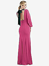 Front View Thumbnail - Tea Rose & Evergreen Bishop Sleeve Open-Back Trumpet Gown with Scarf Tie